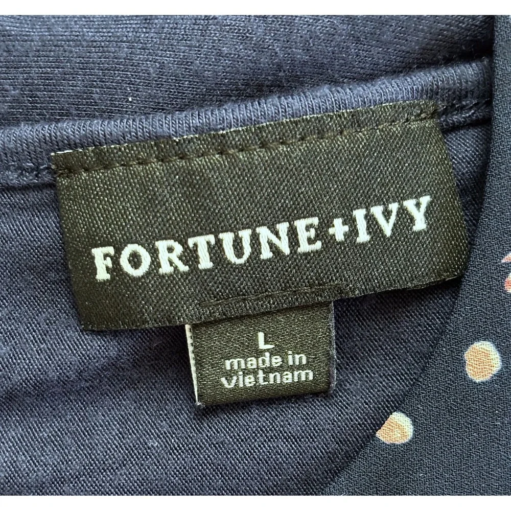 FORTUNE + IVY - Navy Polka Dot Keyhole Cap Sleeve Tie Back Blouse Women's Size L - Picture 10 of 13
